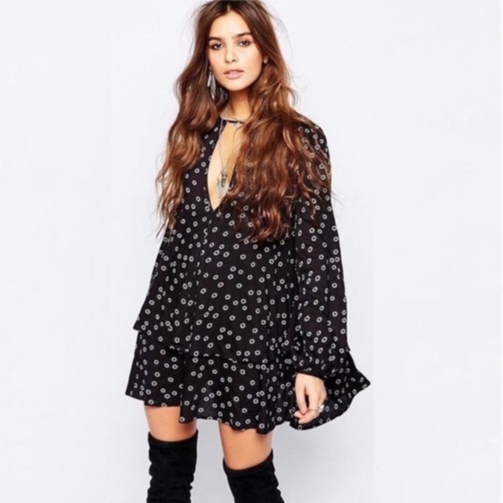 Free People Black Mini Dress with White Dot Print